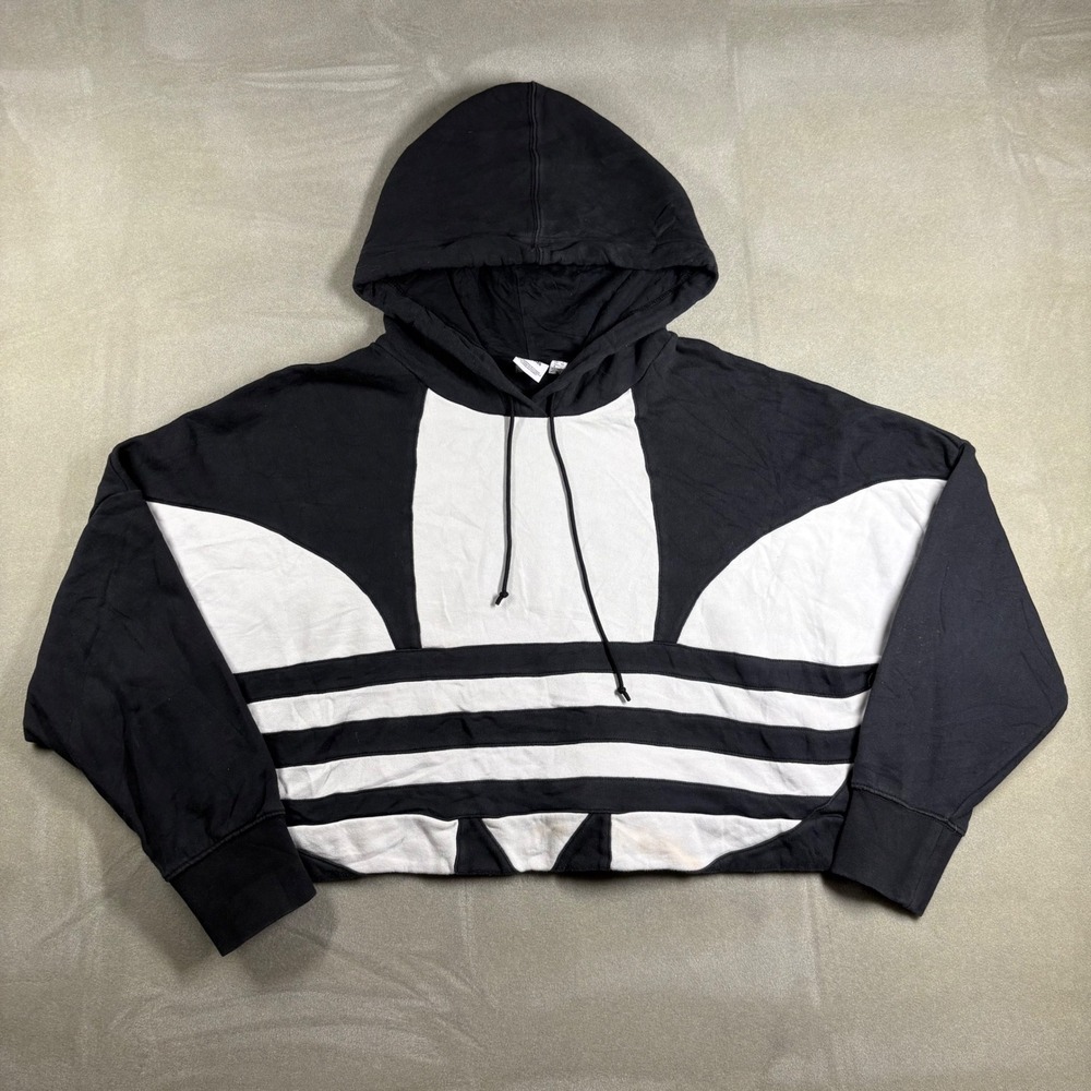 Adidas Originals Women Large Black White Oversized Trefoil Cropped Hoodie